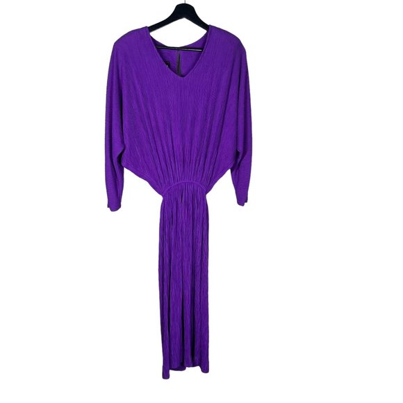 Vintage 70s Purple Micro Pleat Long Sleeve Full Length Dress Small - Picture 1 of 11